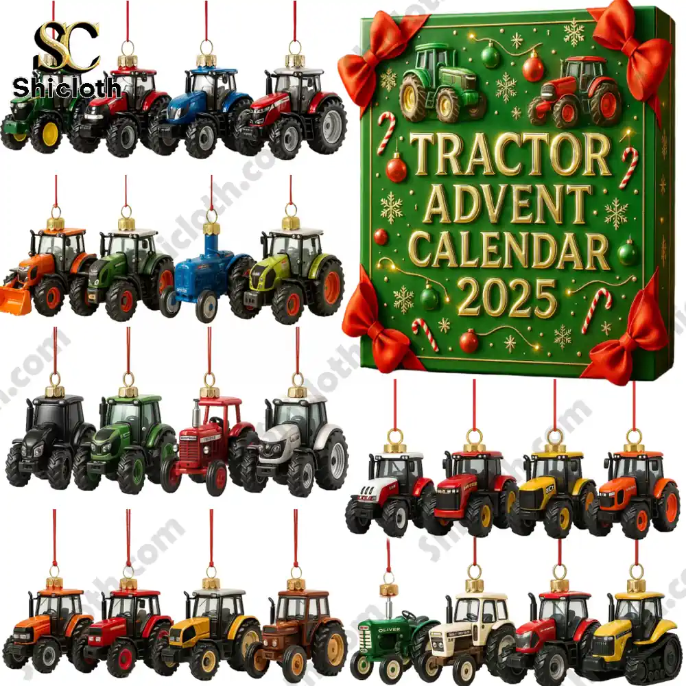 Tractor advent calendar 2025 with box and miniature tractor ornaments.