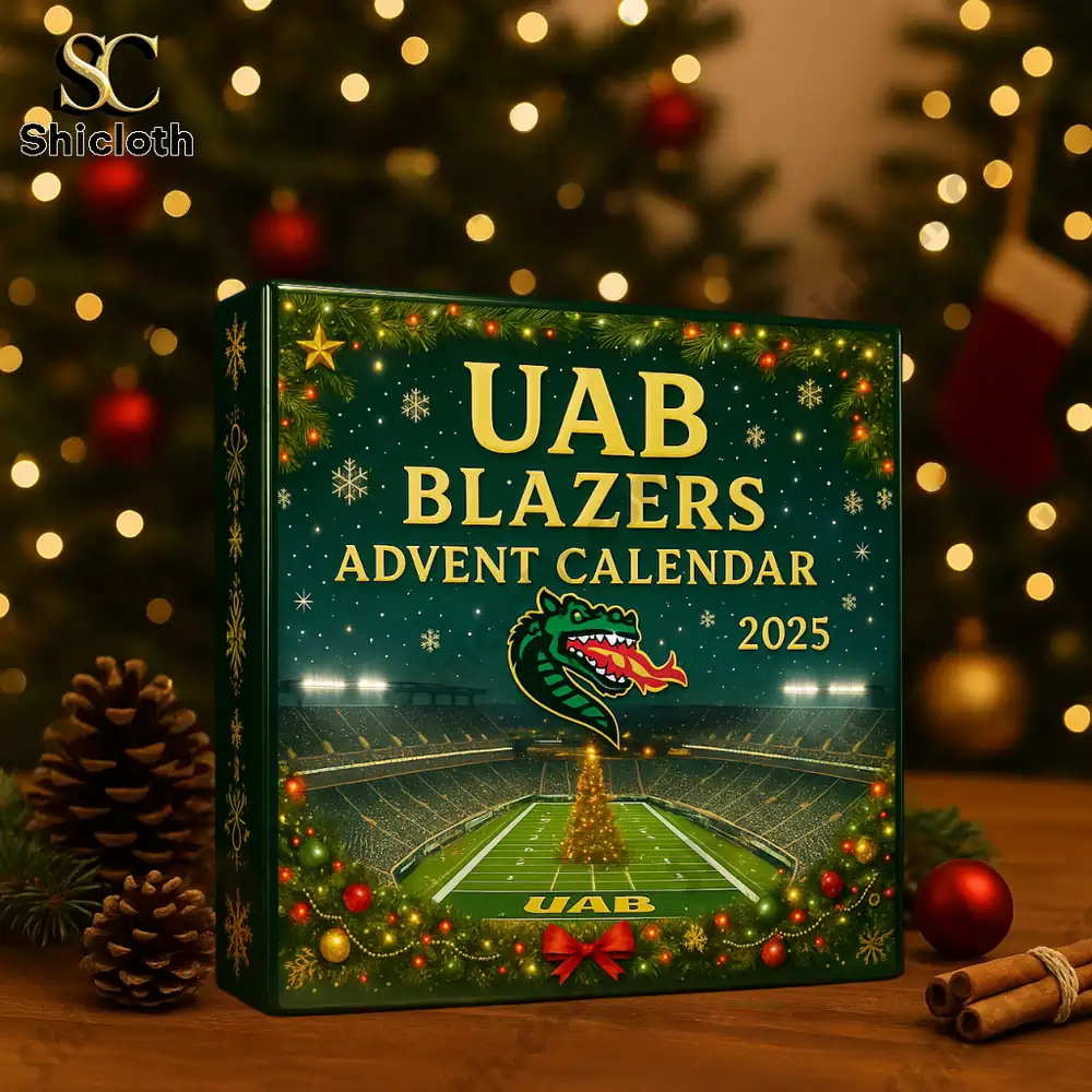 UAB Blazers Advent Calendar 2025 box with holiday lights and football field design.