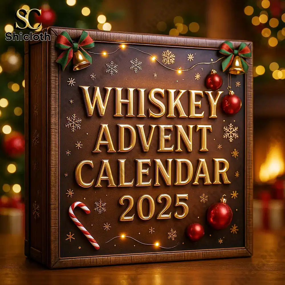 Whiskey Advent Calendar 2025 box with holiday decorations and lights.