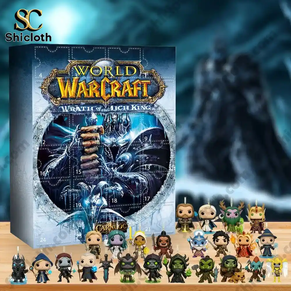 World of Warcraft Wrath of the Lich King Advent Calendar 2025 with Funko Pop style figures.