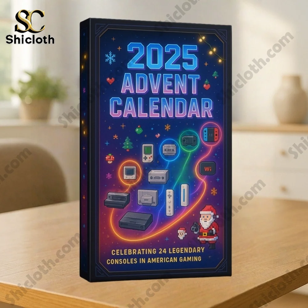 Classic Console Edition Advent Calendar 2025 4 Shicloth 2025 advent calendar box with gaming console icons displayed on a wooden table.