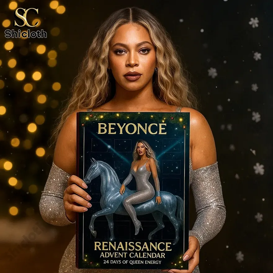 Beyonce in a silver dress holds a Beyonce Renaissance advent calendar.