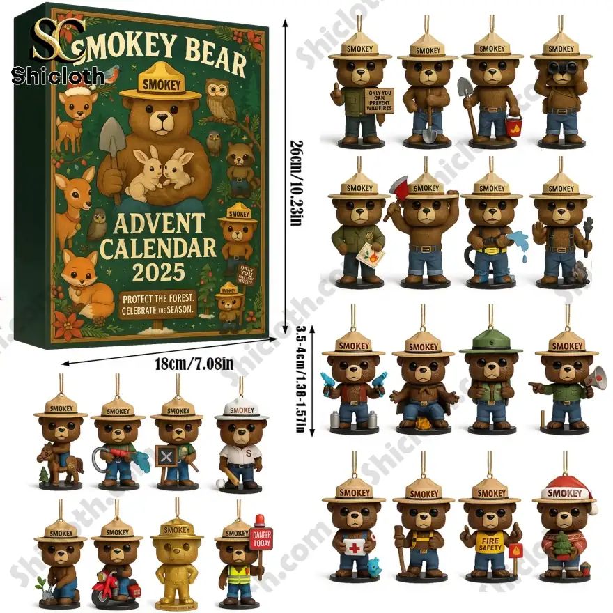 Smokey Bear Advent Calendar 2025 with 24 collectible Smokey Bear ornaments in different outfits and poses.