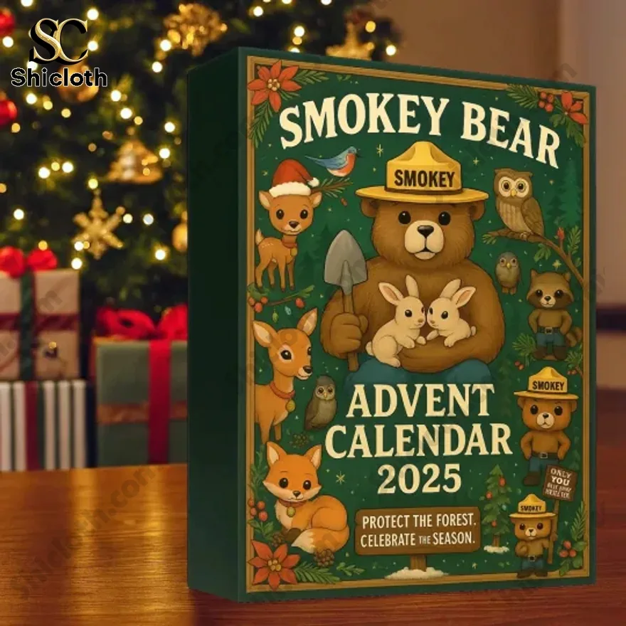 Smokey Bear Advent Calendar 2025 box with animal illustrations beside a Christmas tree.