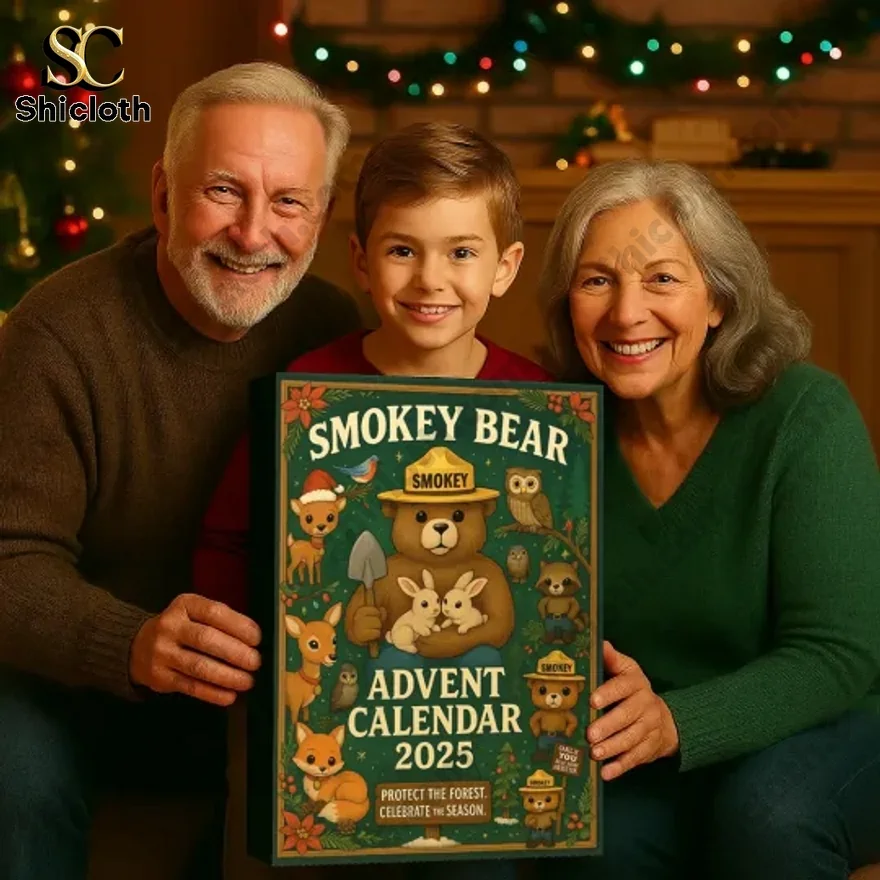 24 Days Smokey Bear Advent Calendar 2025 3 Family holding Smokey Bear Advent Calendar 2025 box with forest animal design.