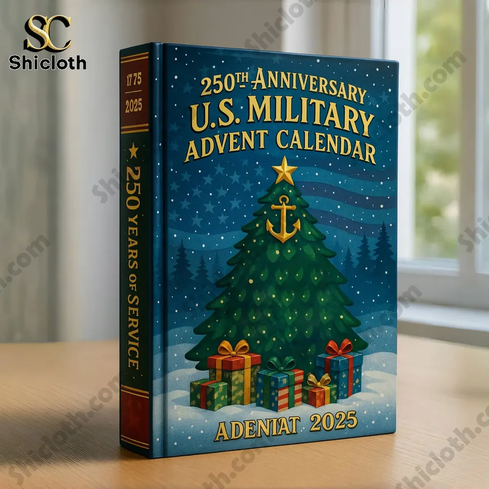 U.S. Military 250th Anniversary Advent Calendar 2025 box with Christmas tree design.