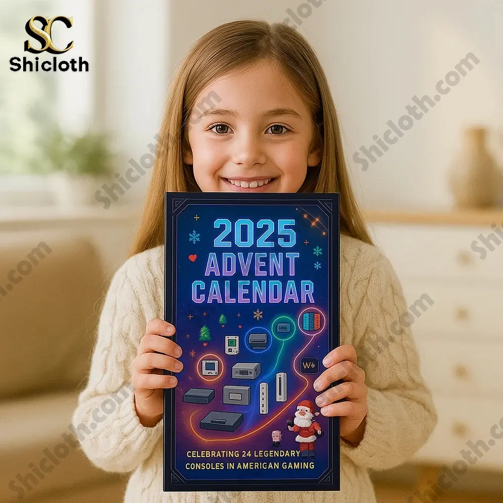 Smiling girl holding Shicloth 2025 advent calendar featuring gaming console designs.