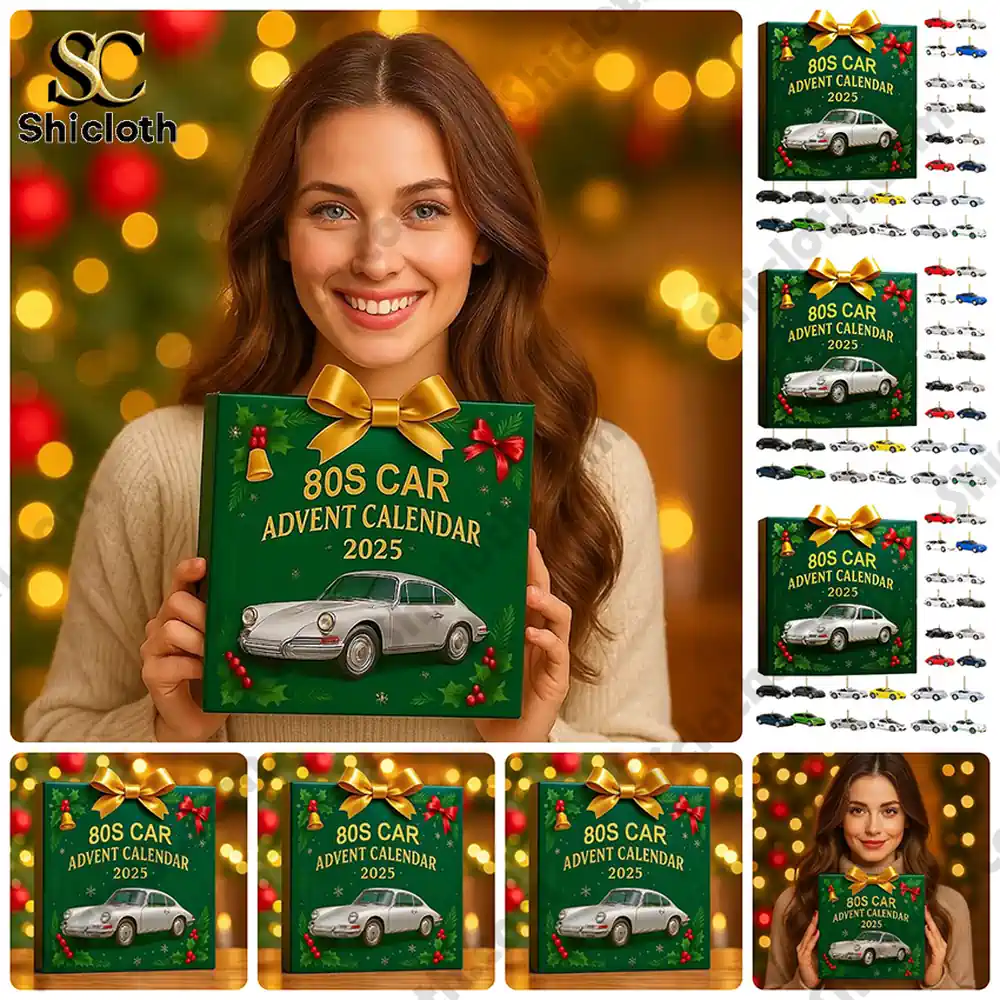 80S CAR Advent Calendar 2025 1 Smiling woman holding an 80s Car Advent Calendar 2025 box with festive background.