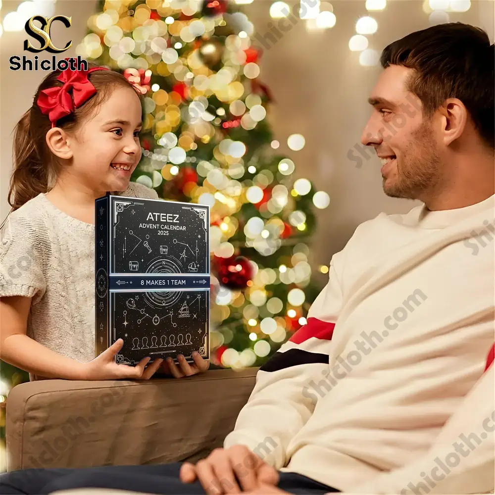 Young girl holding ATEEZ Advent Calendar 2025 box in front of a decorated Christmas tree.