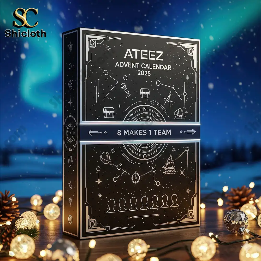 Close up of ATEEZ Advent Calendar 2025 black box with 8 Makes 1 Team ribbon and starry design.