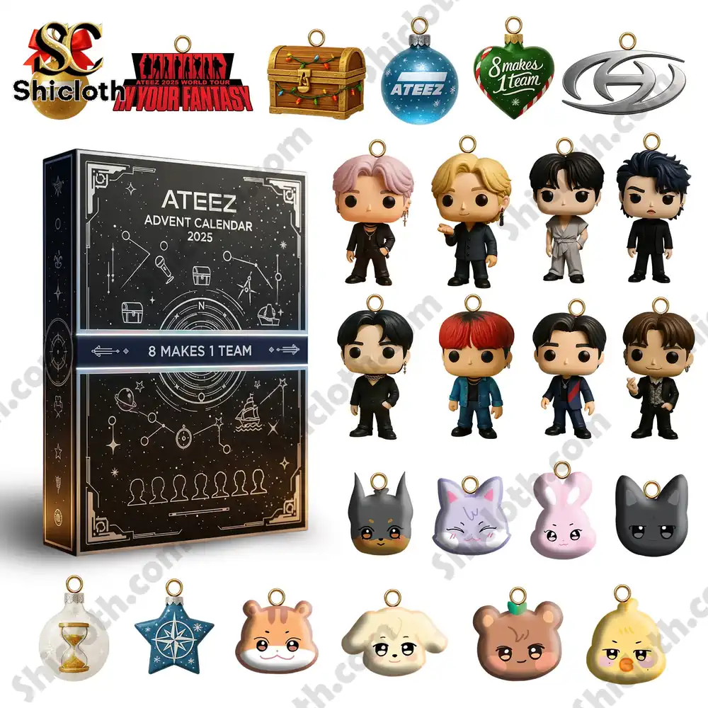 ATEEZ Premium Advent Calendar 2025 3 Array of ATEEZ themed ornaments and the Advent Calendar 2025 box displayed together.