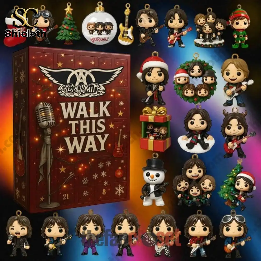 Aerosmith Walk This Way Advent Calendar 2025 with collectible figures and ornaments.