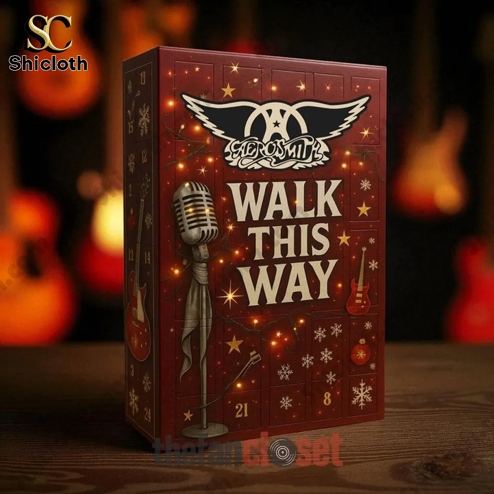 Aerosmith Walk This Way Advent Calendar 2025 holiday box with microphone and guitar design.