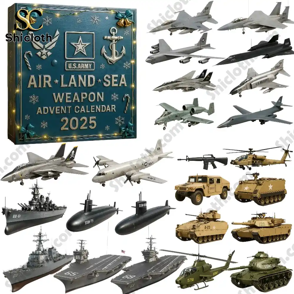 Air Land Sea Weapon Advent Calendar 2025 3 U.S. Army Air, Land, Sea Weapon Advent Calendar 2025 with military vehicle and aircraft models.