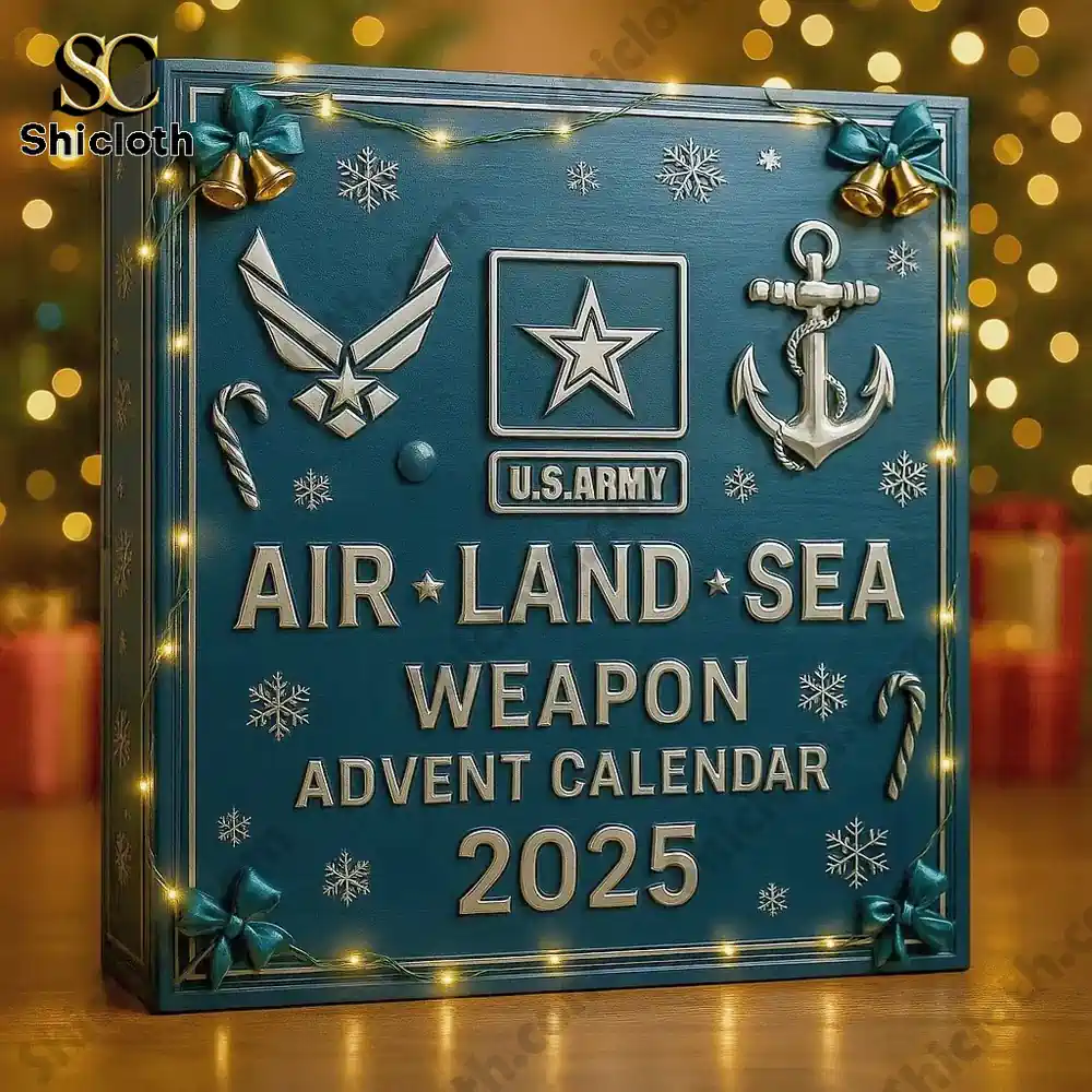 U.S. Army Air, Land, Sea Weapon Advent Calendar 2025 with holiday lights and decorations.
