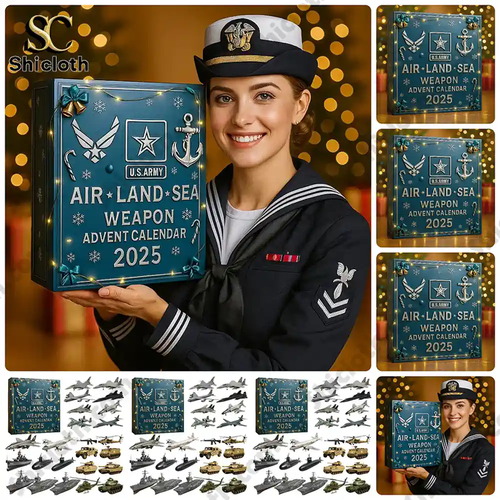Sailor holding the U.S. Army Air, Land, Sea Weapon Advent Calendar 2025 with festive background.