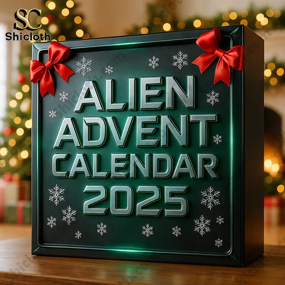 Alien Advent Calendar 2025 box with metallic green design and red bows.
