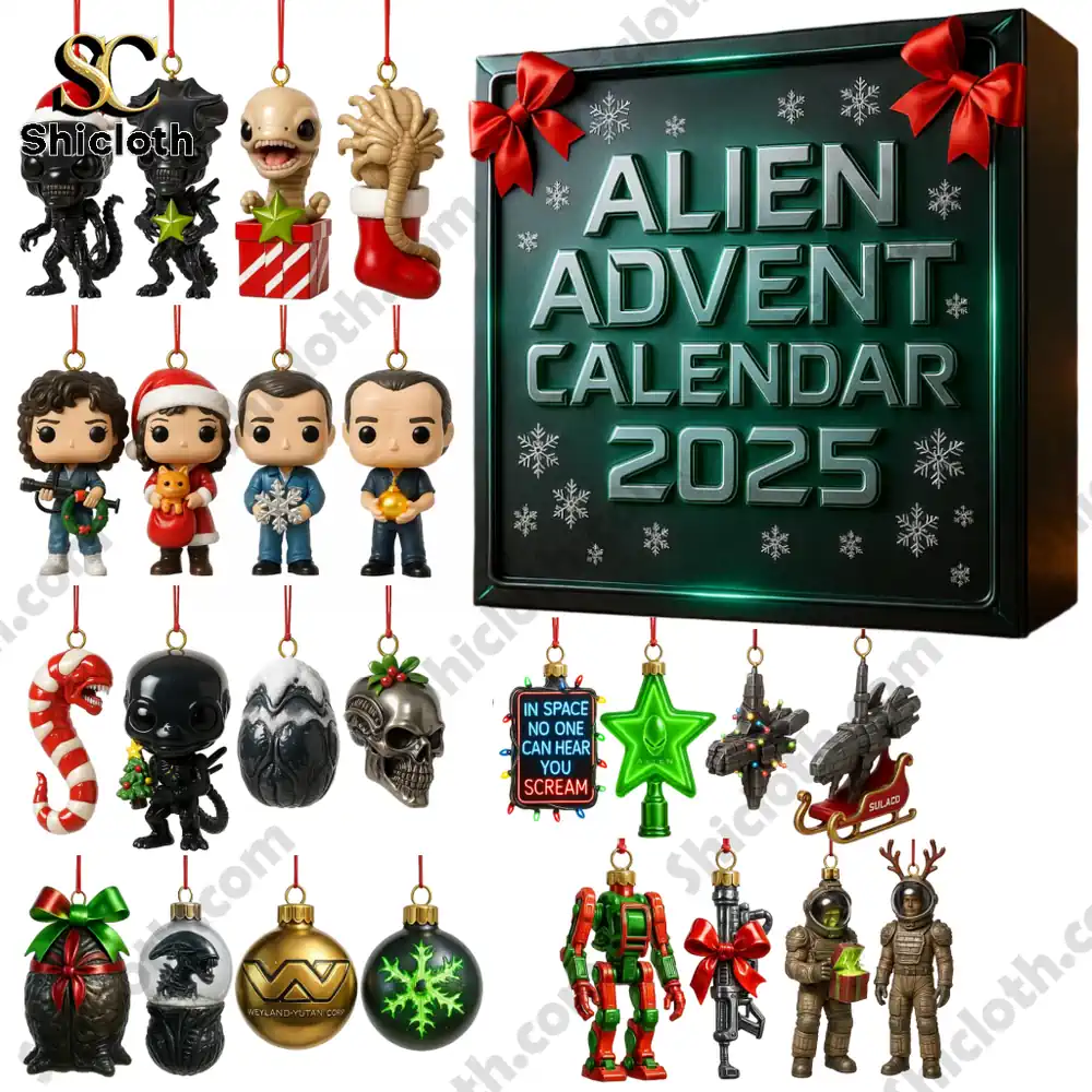 Alien Advent Calendar 2025 with miniature Alien figures, ornaments, and collectibles.