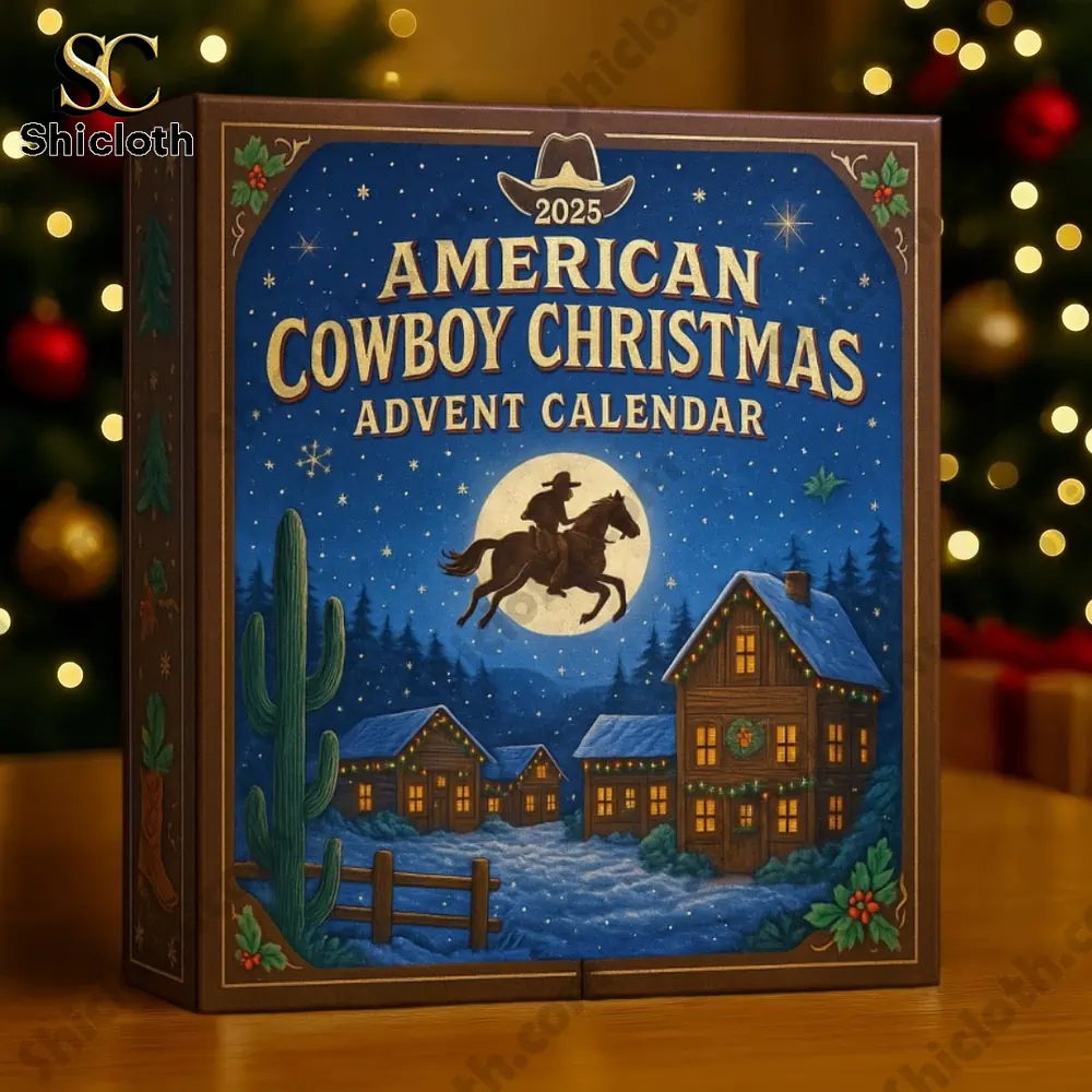 American cowboy Christmas advent calendar 2025 box with cowboy riding horse in moonlight.