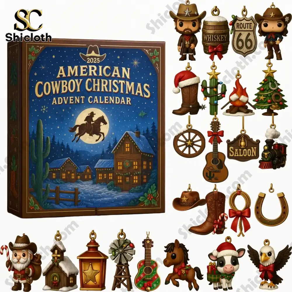 American cowboy Christmas advent calendar 2025 with western themed ornaments.