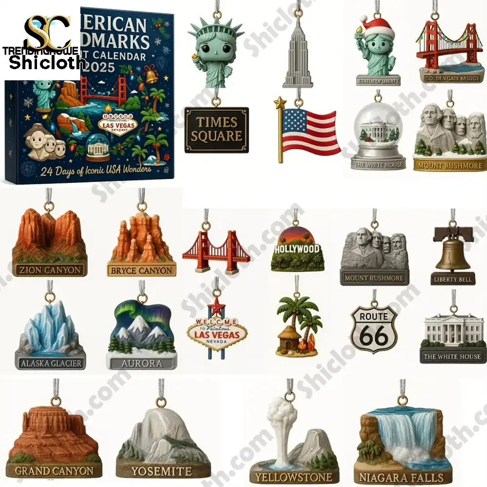American Landmarks Advent Calendar 2025 with ornaments of famous USA locations and symbols.