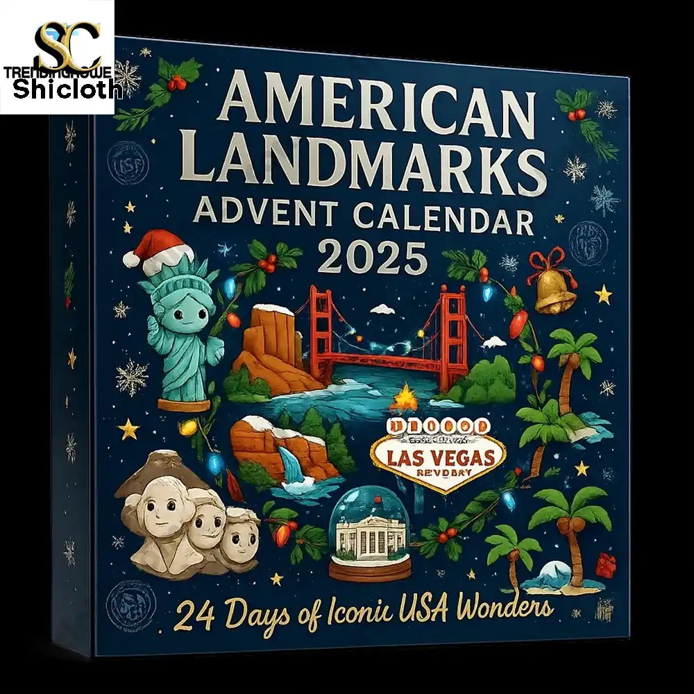 Box of American Landmarks Advent Calendar 2025 with holiday artwork of USA icons.