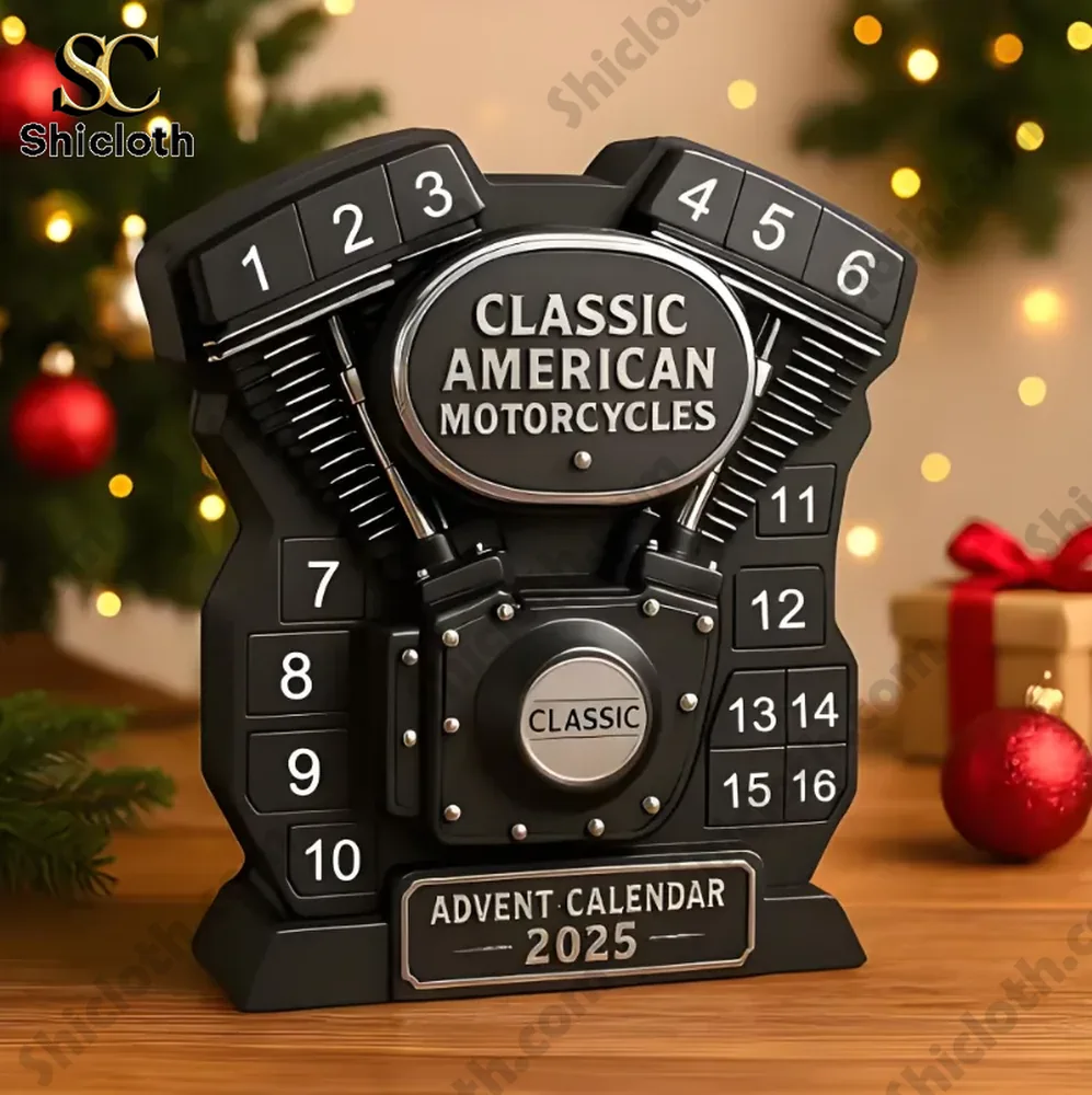Classic American Motorcycles Advent Calendar with a vintage engine design and mini bikes.