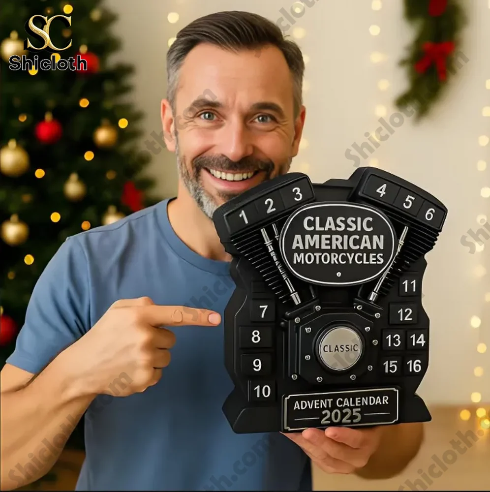 A person smiling and holding a classic American motorcycles themed advent calendar with an engine design.