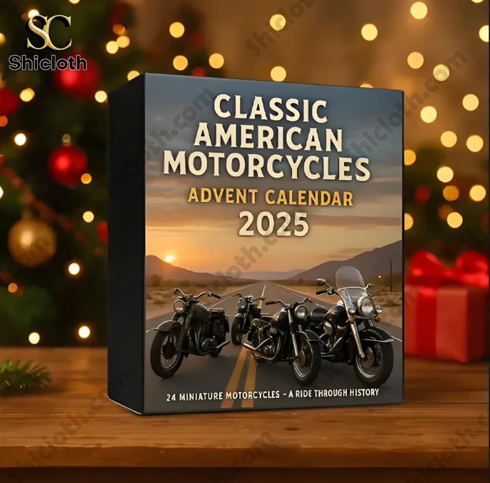 American Motorcycles Advent Calendar 2025 4 Classic American Motorcycles Advent Calendar box with miniature bikes and engine-themed design.