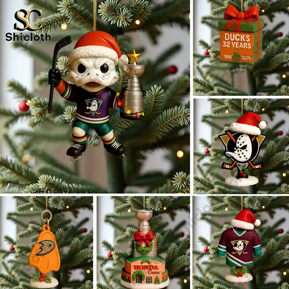 Anaheim Ducks 32nd anniversary 2025 advent calendar ornaments with team mascots and symbols.