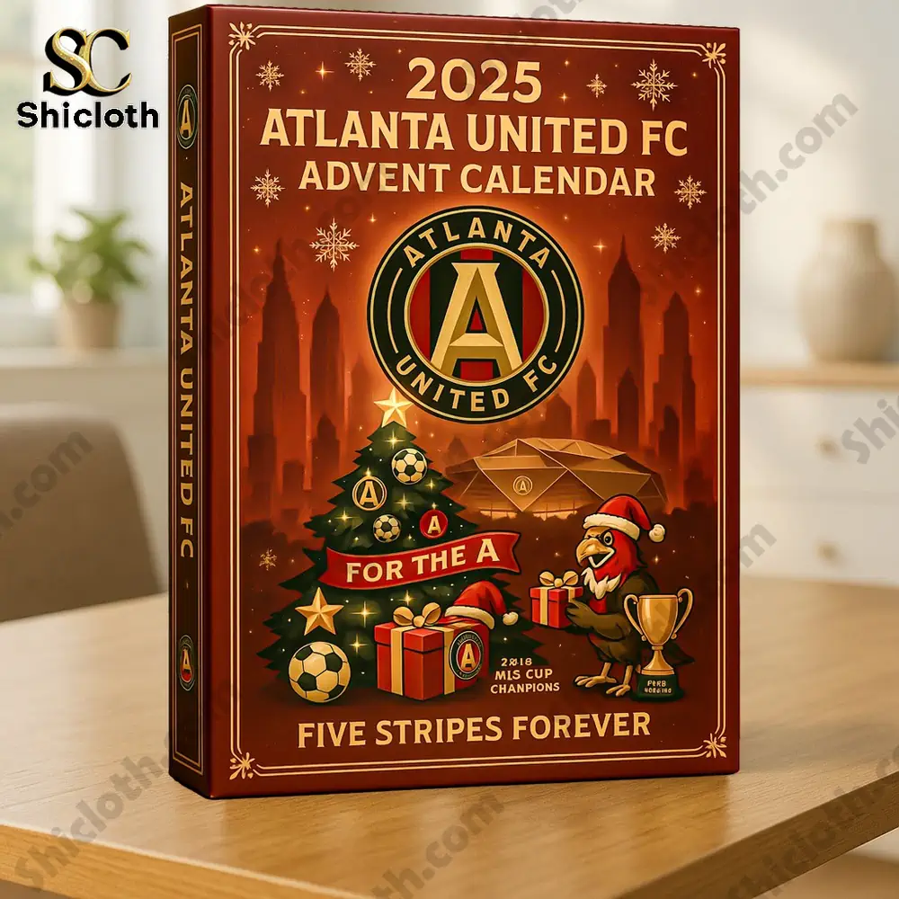 Atlanta United FC 2025 advent calendar box displayed on a wooden table indoors.