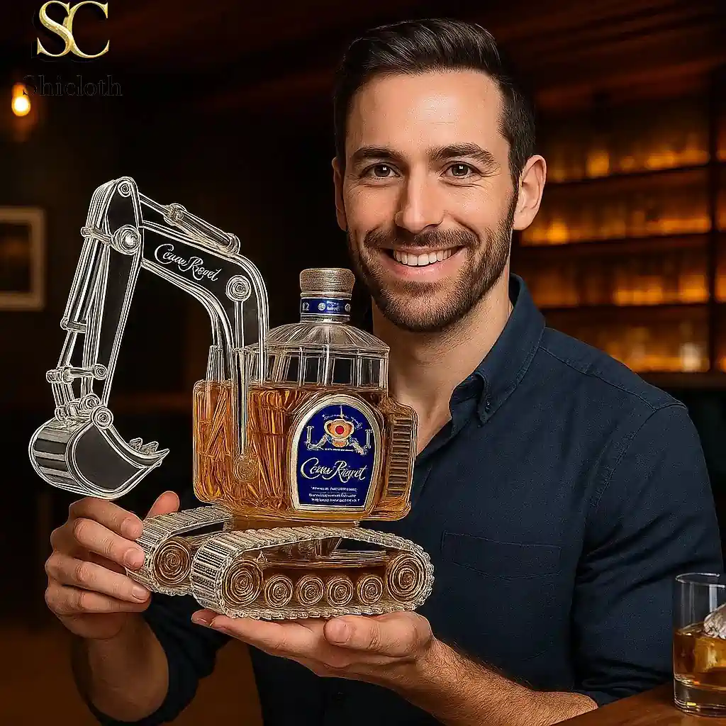 Man holding excavator shaped Crown Royal whiskey bottle from Shicloth.