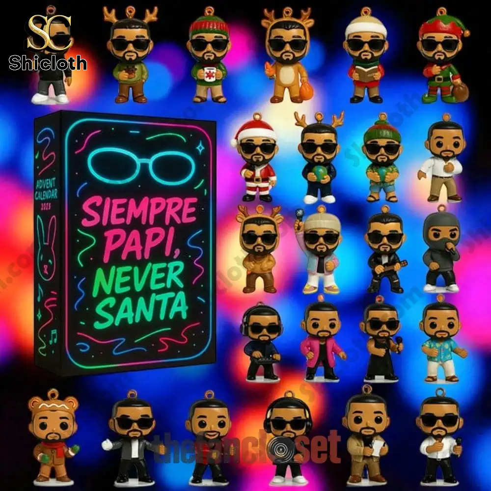 Bad Bunny advent calendar 2025 with miniature figurines and neon style box.