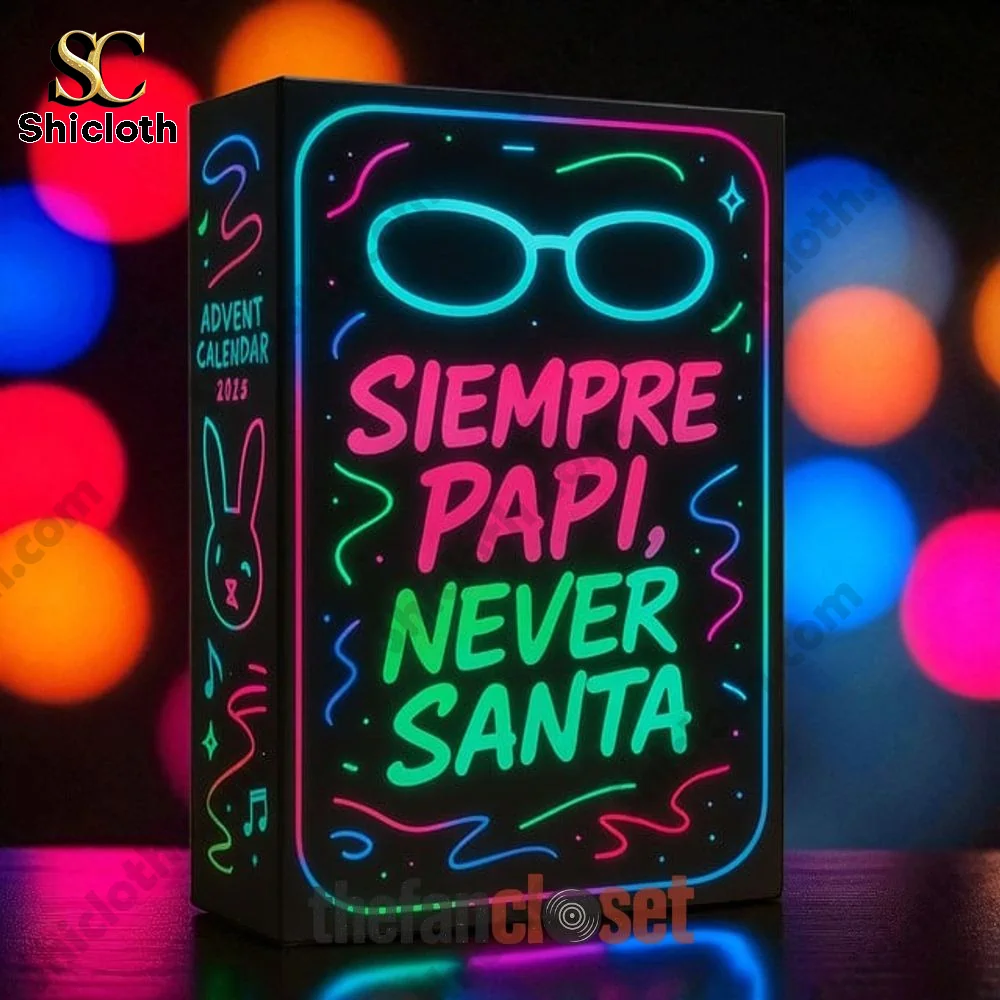 Bad Bunny advent calendar 2025 box with neon lights design.