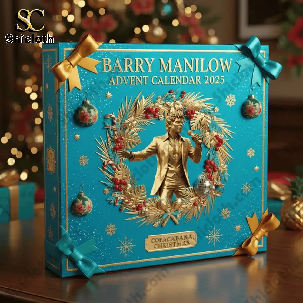 Barry Manilow Advent Calendar 2025 box in blue with golden wreath and statue centerpiece.