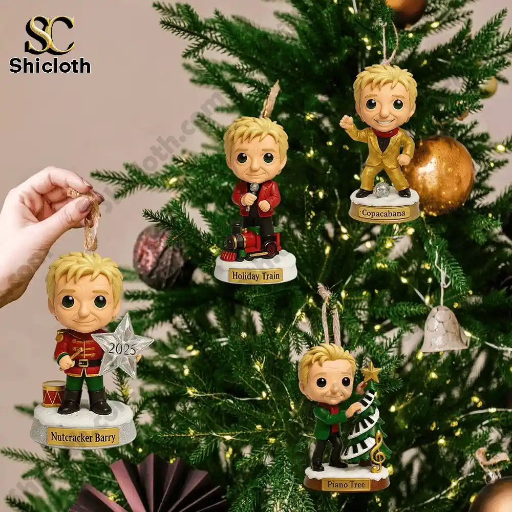 Christmas tree ornaments shaped like Barry Manilow characters in festive outfits.