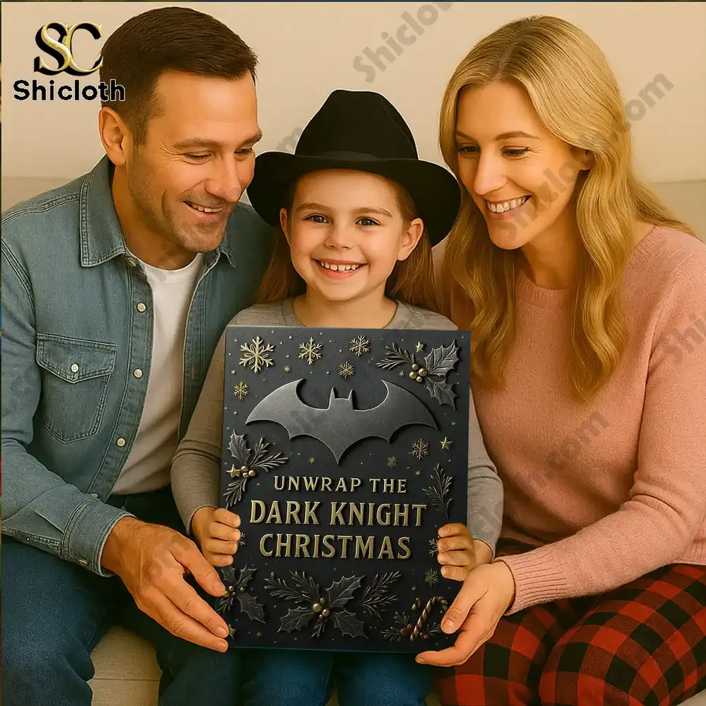 Child holding Batman 2025 Advent Calendar with parents smiling beside her.