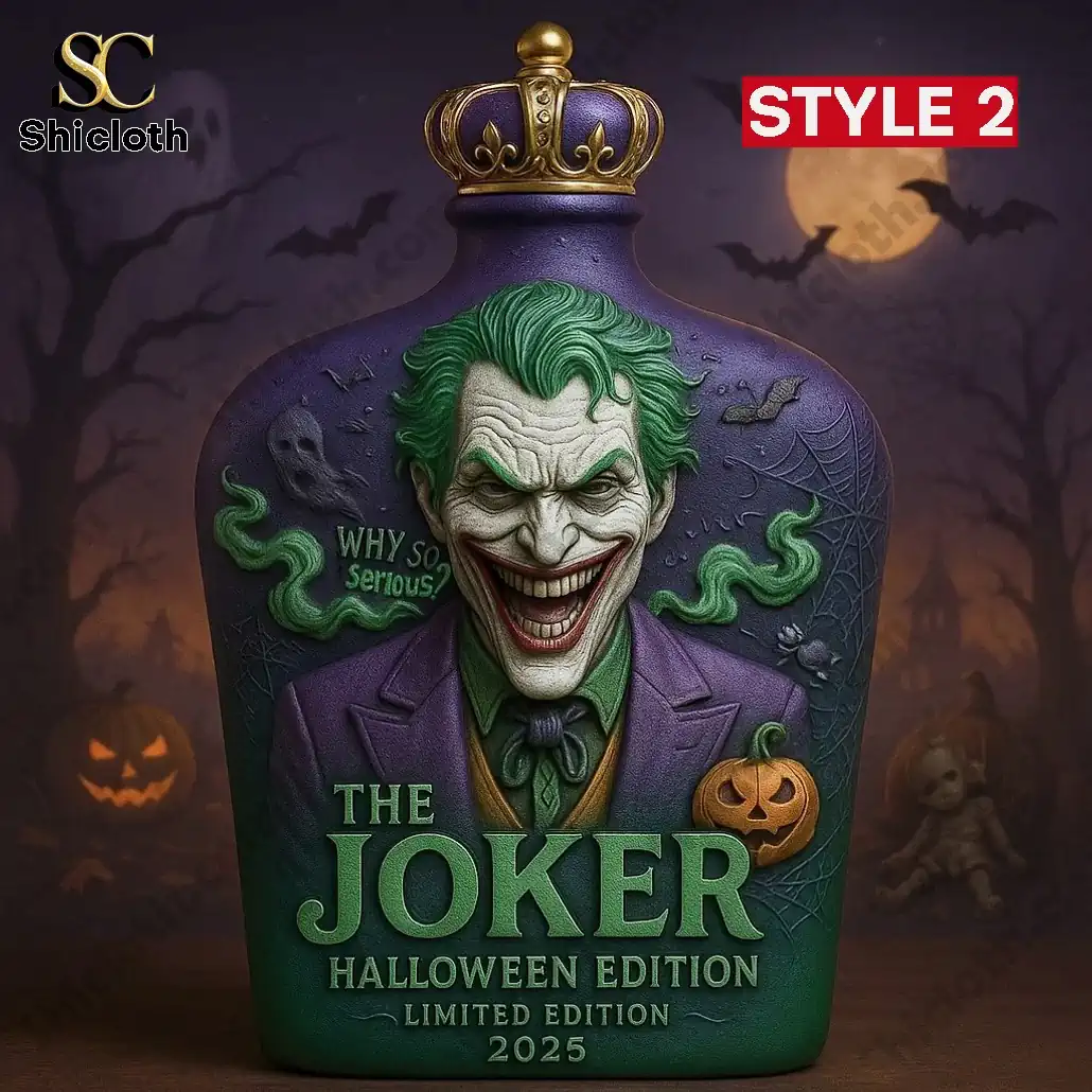 Joker Halloween edition whiskey bottle with crown cap featuring pumpkins and a sinister grin.