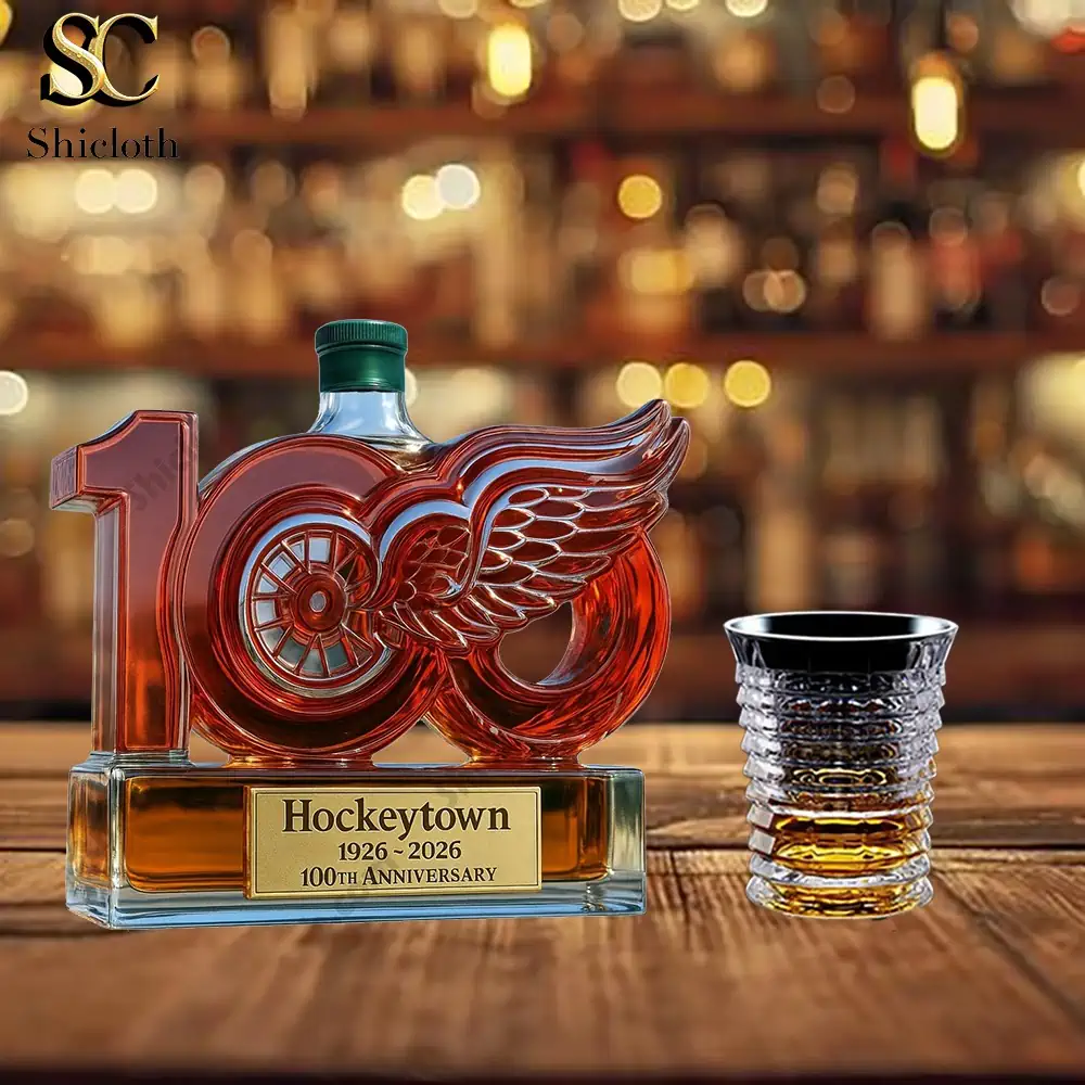 Detroit Red Wings 100th Anniversary whiskey bottle with green top by Shicloth.