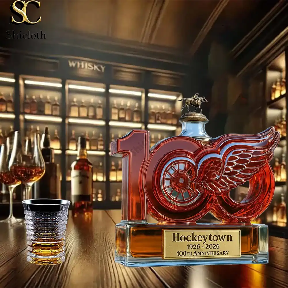 PREMIUM Detroit Red Wings Hockey Town 100th Anniversary Whiskey Bottle 3 Detroit Red Wings 100th Anniversary whiskey bottle with Blanton’s horse top by Shicloth.