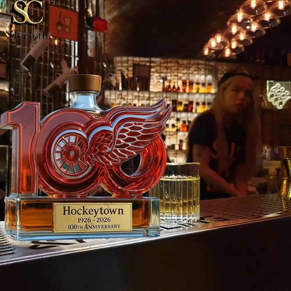 PREMIUM Detroit Red Wings Hockey Town 100th Anniversary Whiskey Bottle 4 Detroit Red Wings 100th Anniversary whiskey bottle with wooden top by Shicloth.
