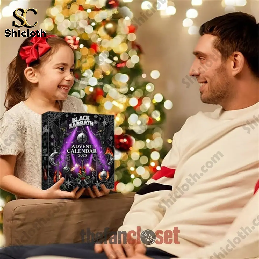 Child holding Black Sabbath advent calendar 2025 gift box in holiday setting.