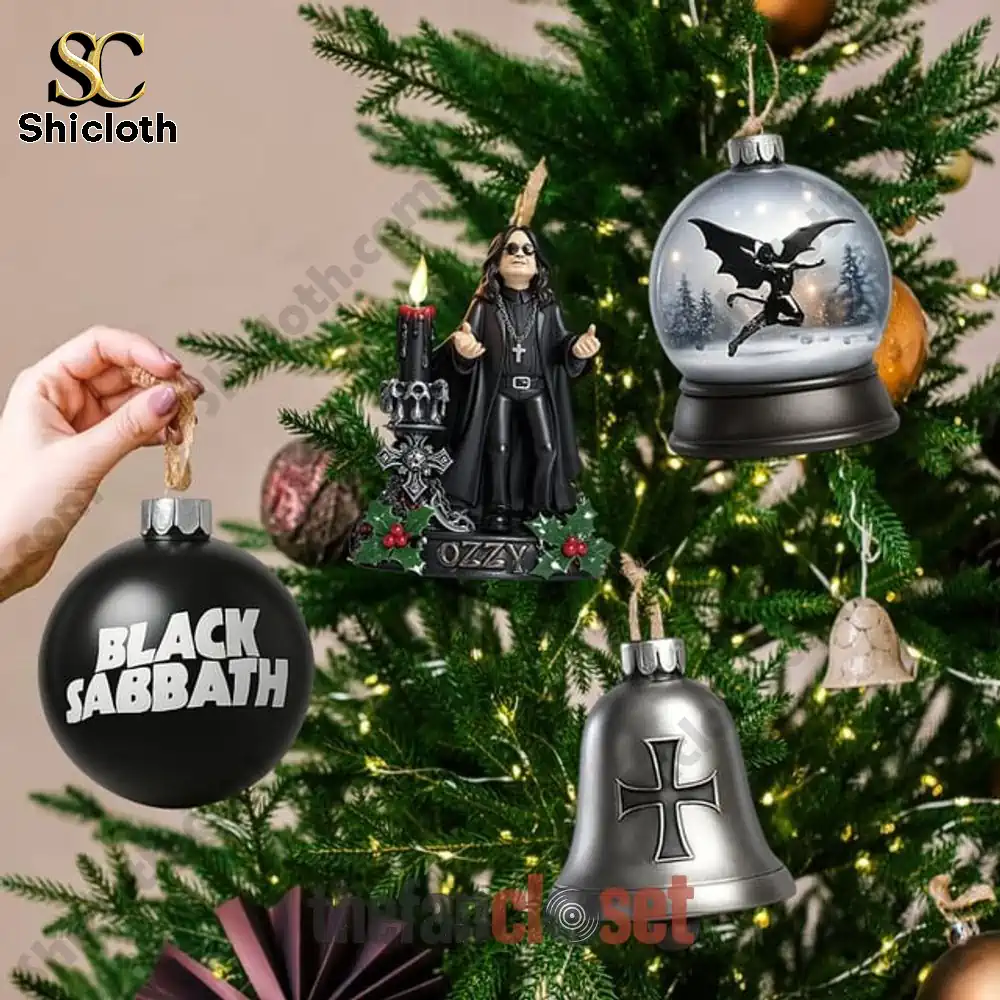 Black Sabbath Christmas Advent Calendar 2025 4 Black Sabbath themed ornaments from advent calendar on Christmas tree.
