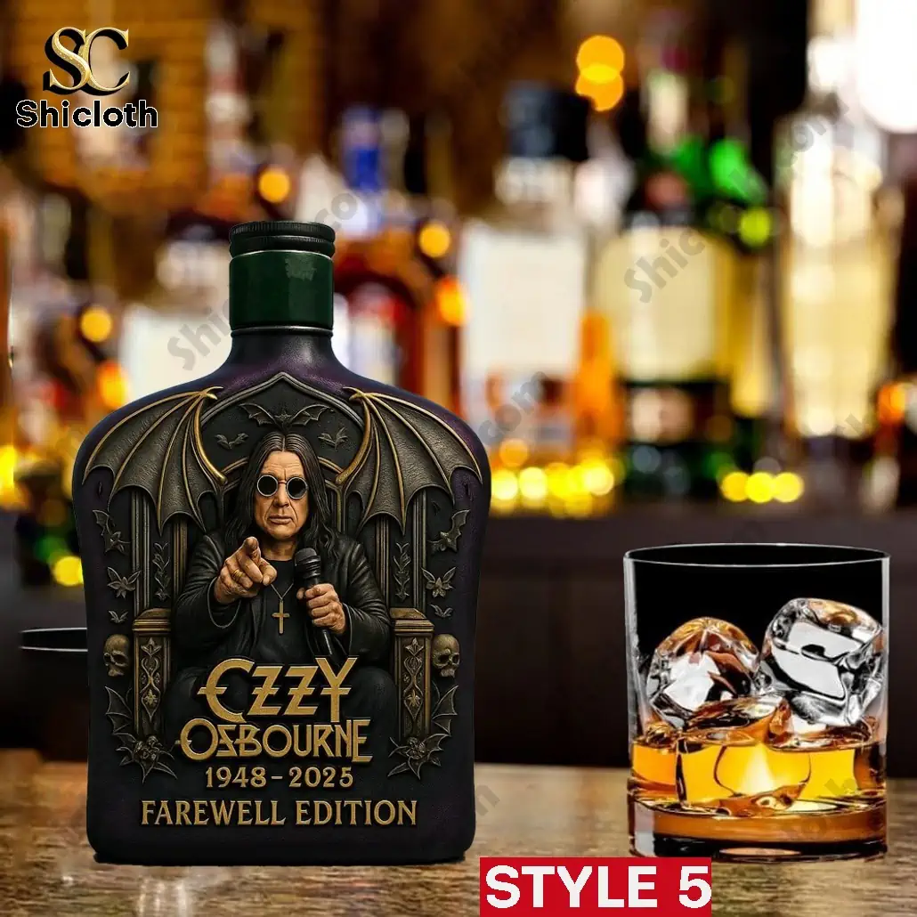 PREMIUM Black Sabbath Ozzy Osbourne Crown Royal Farewell Whiskey Bottle 5 Ozzy Osbourne farewell edition whiskey bottle with dark green cap displayed on a bar table.