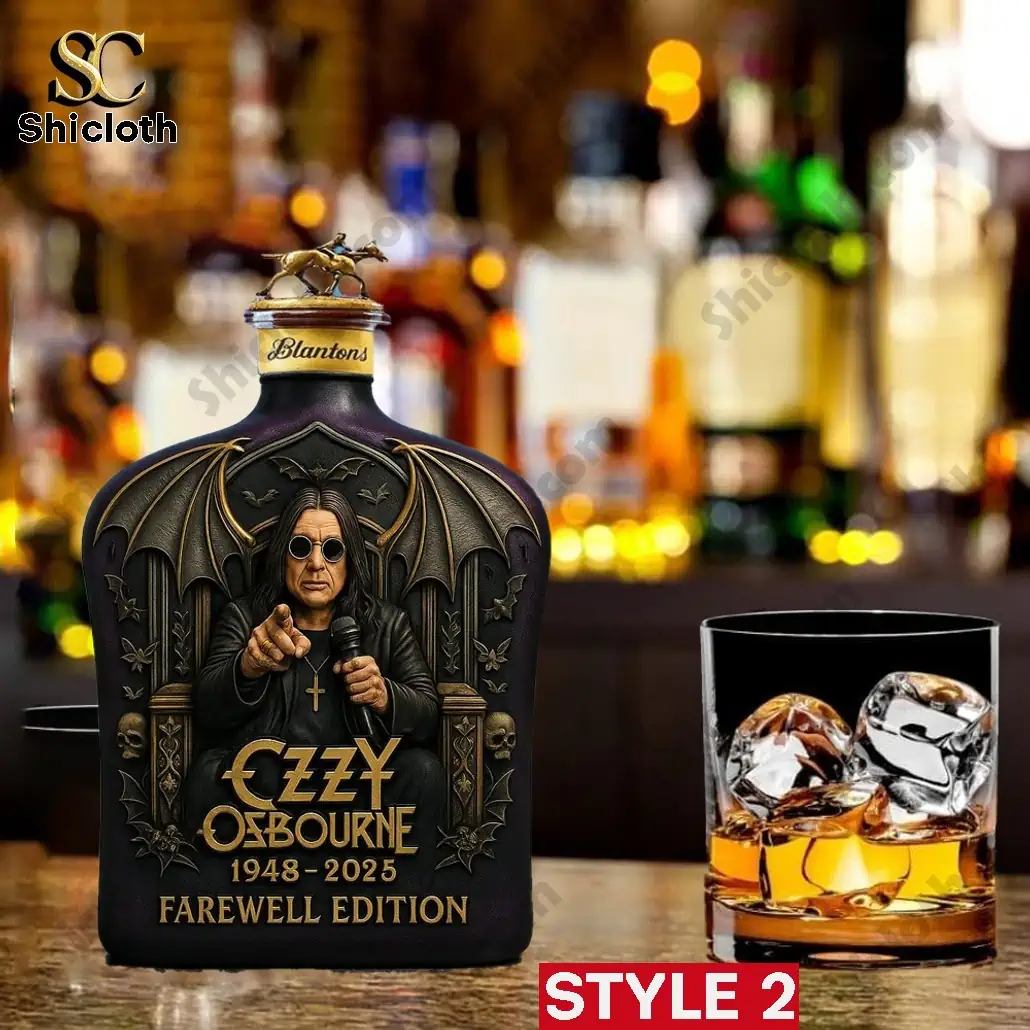 PREMIUM Black Sabbath Ozzy Osbourne Crown Royal Farewell Whiskey Bottle 3 Ozzy Osbourne farewell edition whiskey bottle with Blanton horse cap displayed on a bar table.
