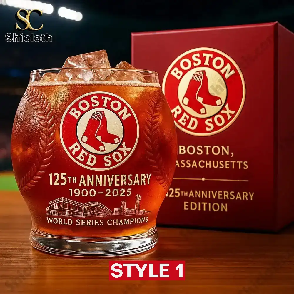 Boston Red Sox 125th anniversary whiskey glass style 1 with logo and text.