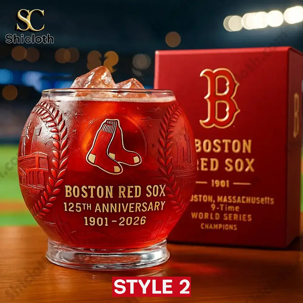 Boston Red Sox 125th anniversary whiskey glass style 2 with engraved socks logo.