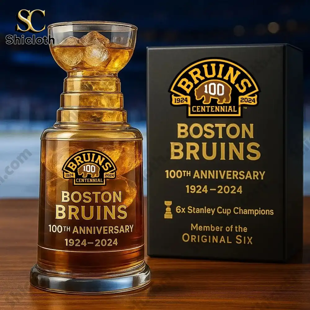 Boston Bruins 100th Anniversary whiskey glass with team logo and commemorative box.