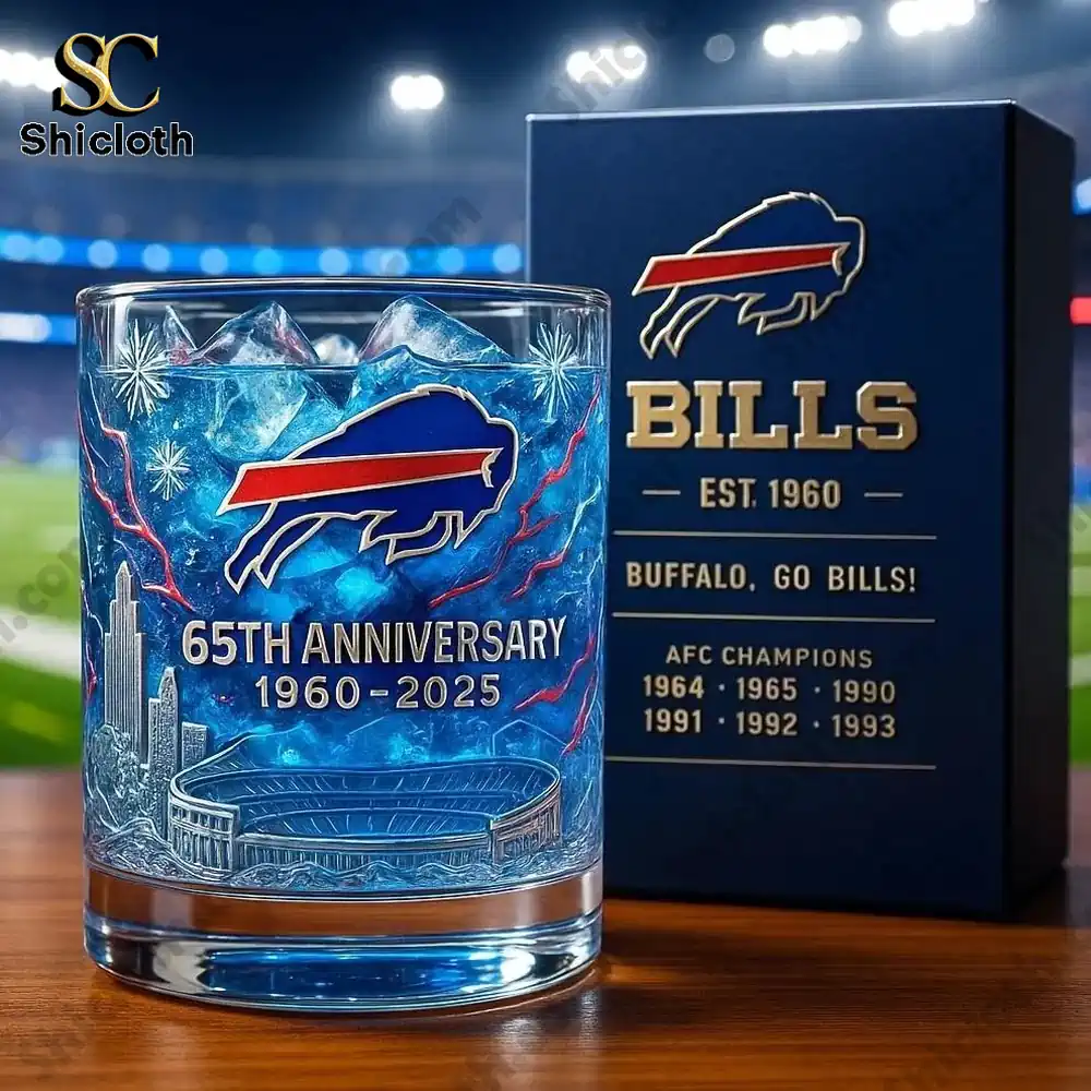 Buffalo Bills 65th Anniversary whiskey glass with team logo and commemorative box.