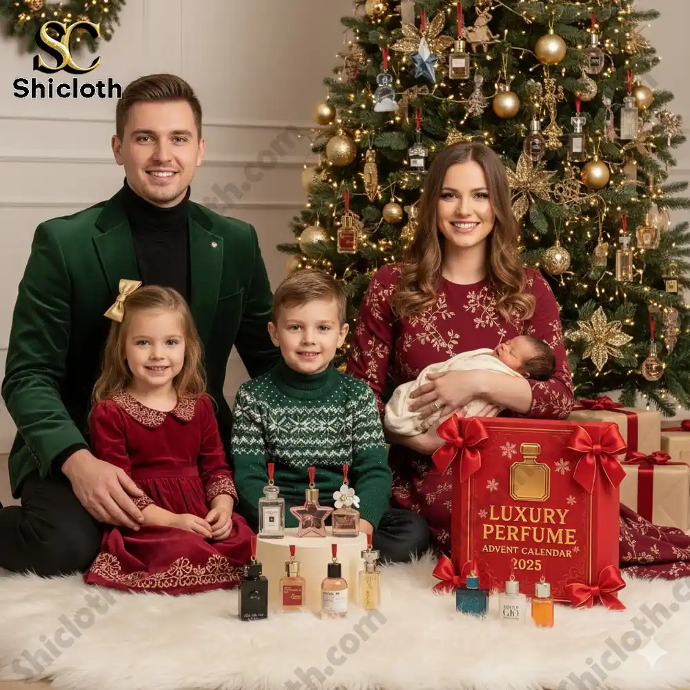 Family posing with Shicloth luxury perfume advent calendar beside Christmas tree